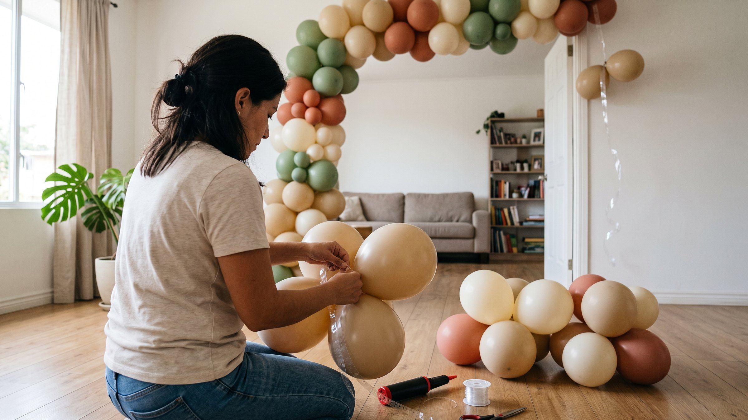 Mujer arrodillada en la sala ata un racimo de cuatro globos color arena a una cinta perforada; detrás, un arco de globos a medio armar