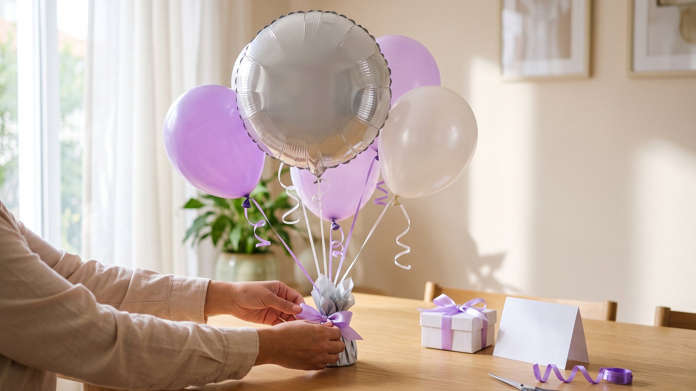 Manos atando un moño lila en la pesa de un bouquet de globos lila, blanco y plateado, junto a una caja de regalo y una tarjeta en blanco