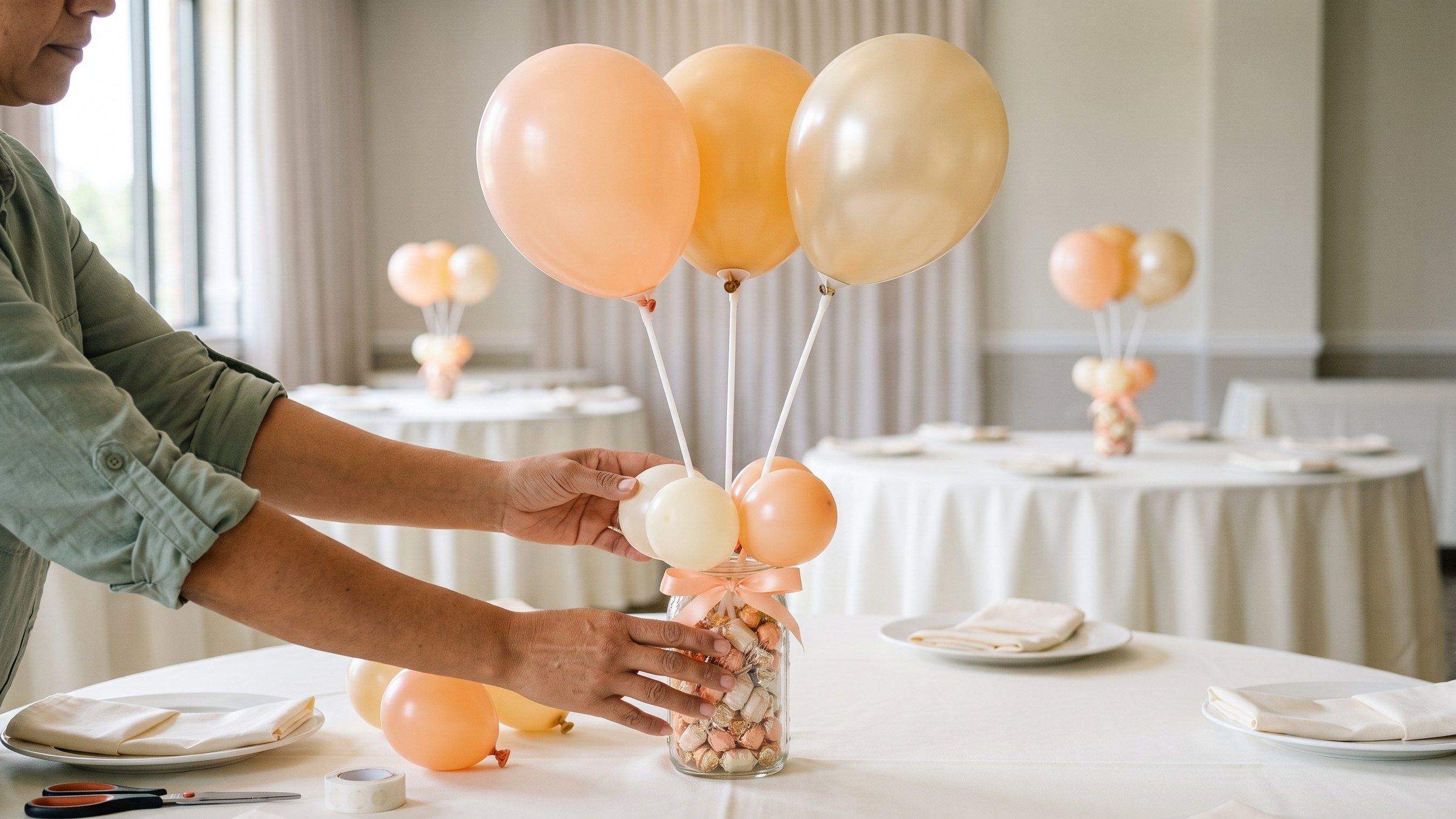 Manos acomodando globos pequeños en la base de un centro de mesa con globos durazno y dorados en varitas sobre un frasco con dulces