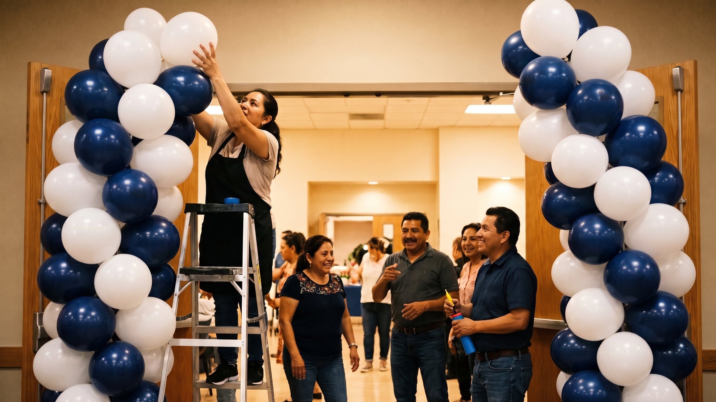 Dos columnas de globos en espiral blanco y azul marino junto a la puerta de un salón, con una persona en una escalera ajustando el remate