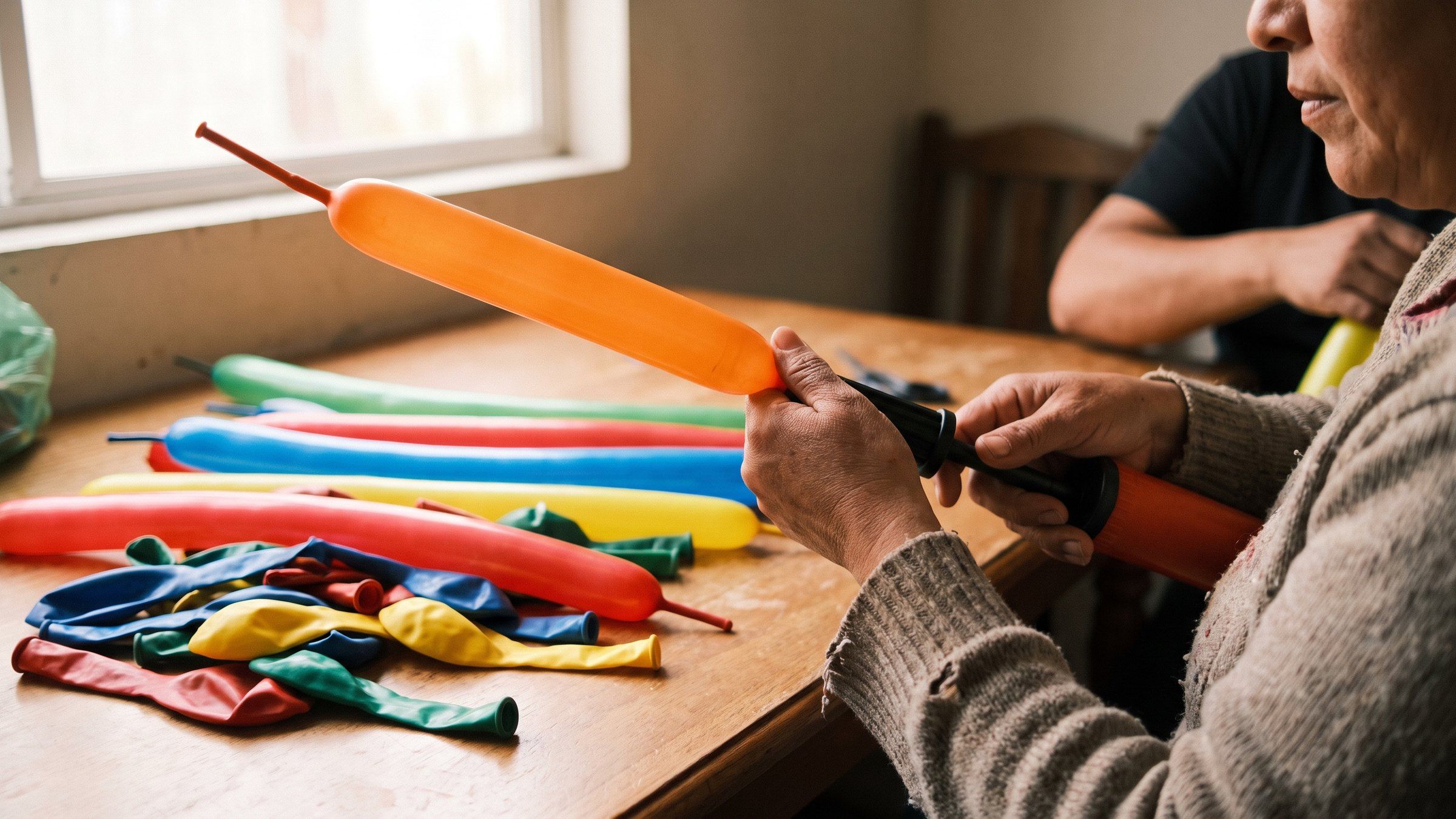 Manos que inflan un globo largo naranja con un inflador manual y dejan la punta sin inflar, sobre una mesa con globos 260 de colores