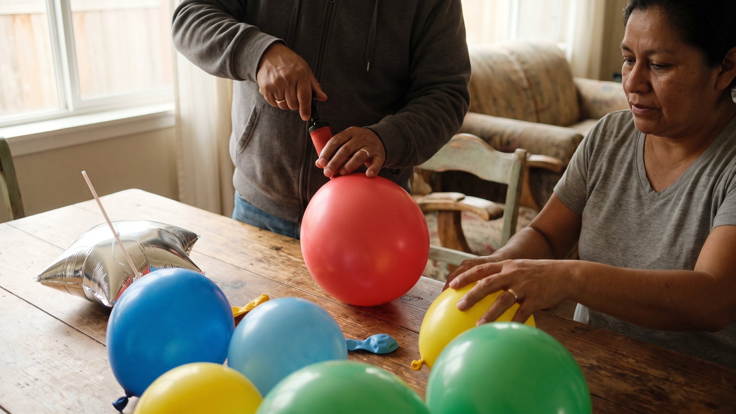 Manos inflando un globo de látex con una bomba manual junto a un globo metalizado con una pajita en la válvula, sobre una mesa de trabajo