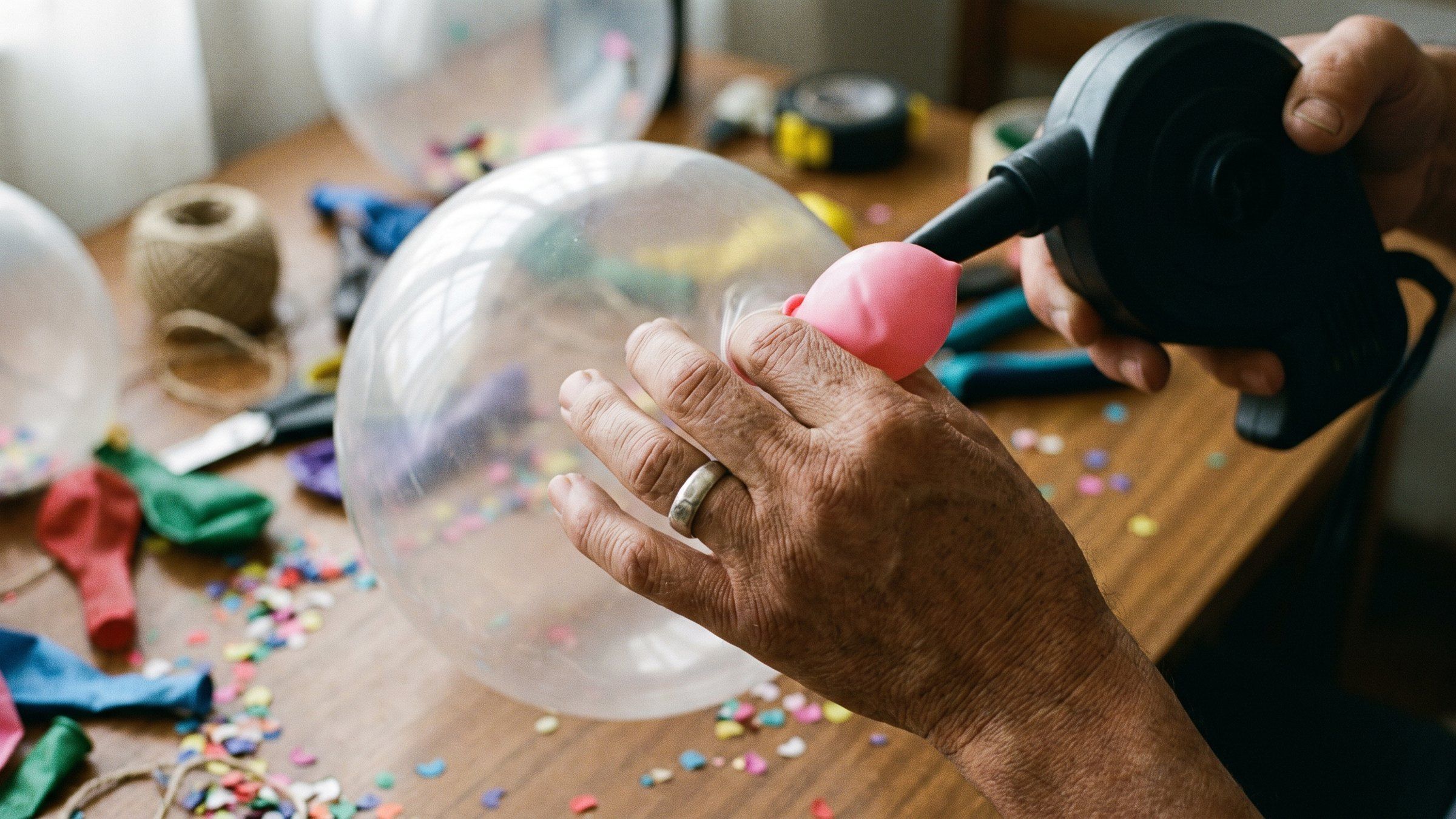 Manos metiendo globos pequeños rosados dentro de un globo burbuja transparente junto a un inflador eléctrico, con confeti sobre la mesa