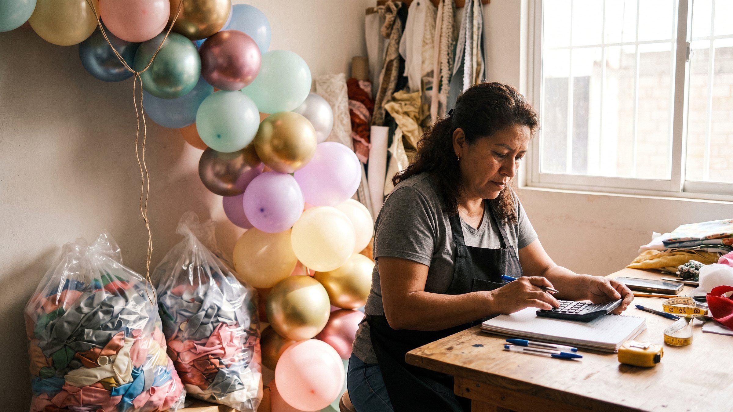 Decoradora calcula en un cuaderno el presupuesto de una decoración con globos junto a un arco de globos a medio armar