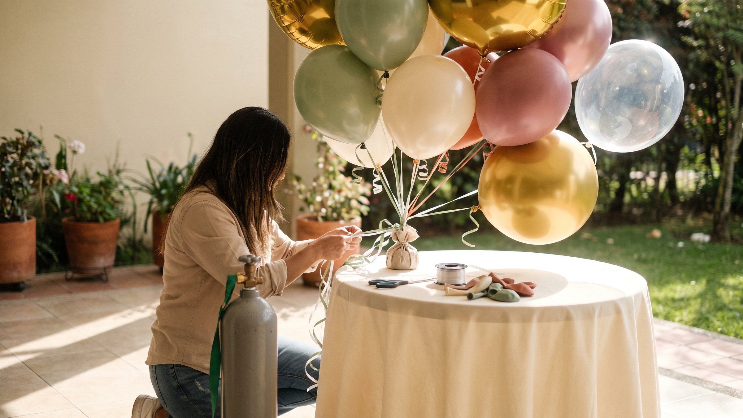 Globos de látex y metalizados con helio flotan sobre una mesa en un patio mientras una mujer ata las cintas a la pesa, junto a un tanque