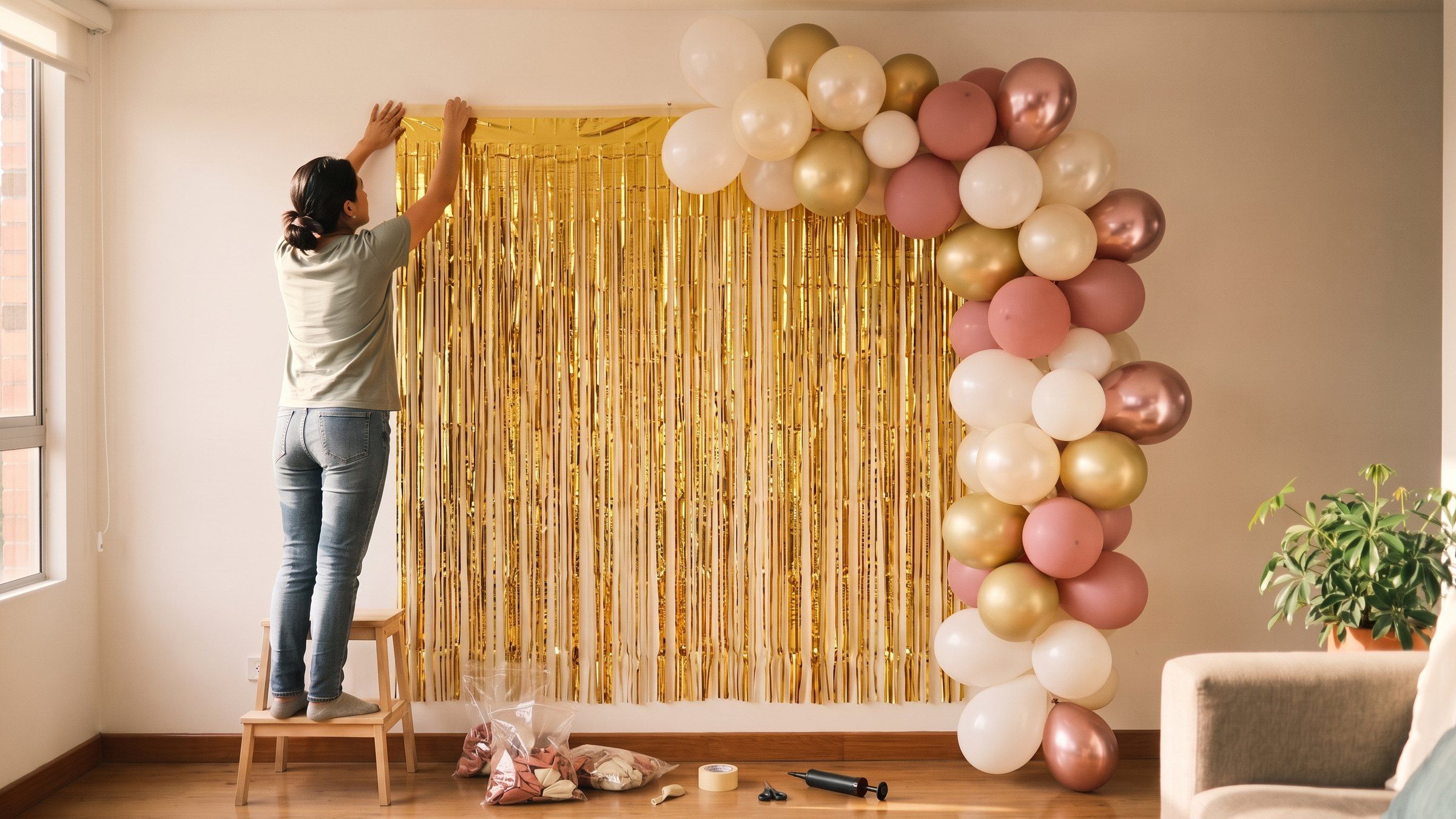 Mujer sobre un banco fija una cortina metalizada dorada en la pared, junto a una guirnalda de globos blancos, dorados y rosa empolvado