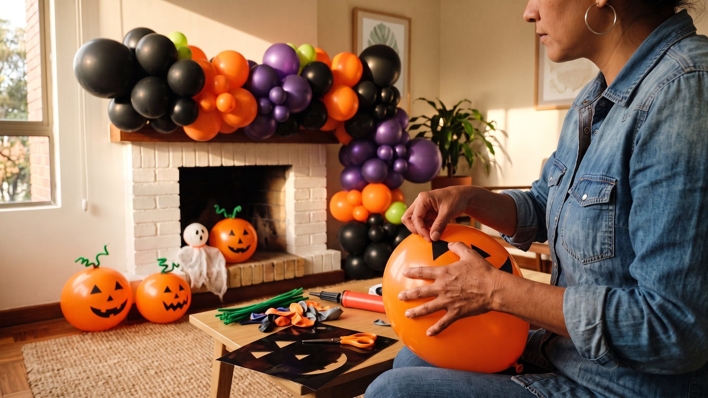 Mujer pega ojos de vinilo a una calabaza de globo frente a una guirnalda de globos de Halloween negra, naranja y morada en la chimenea