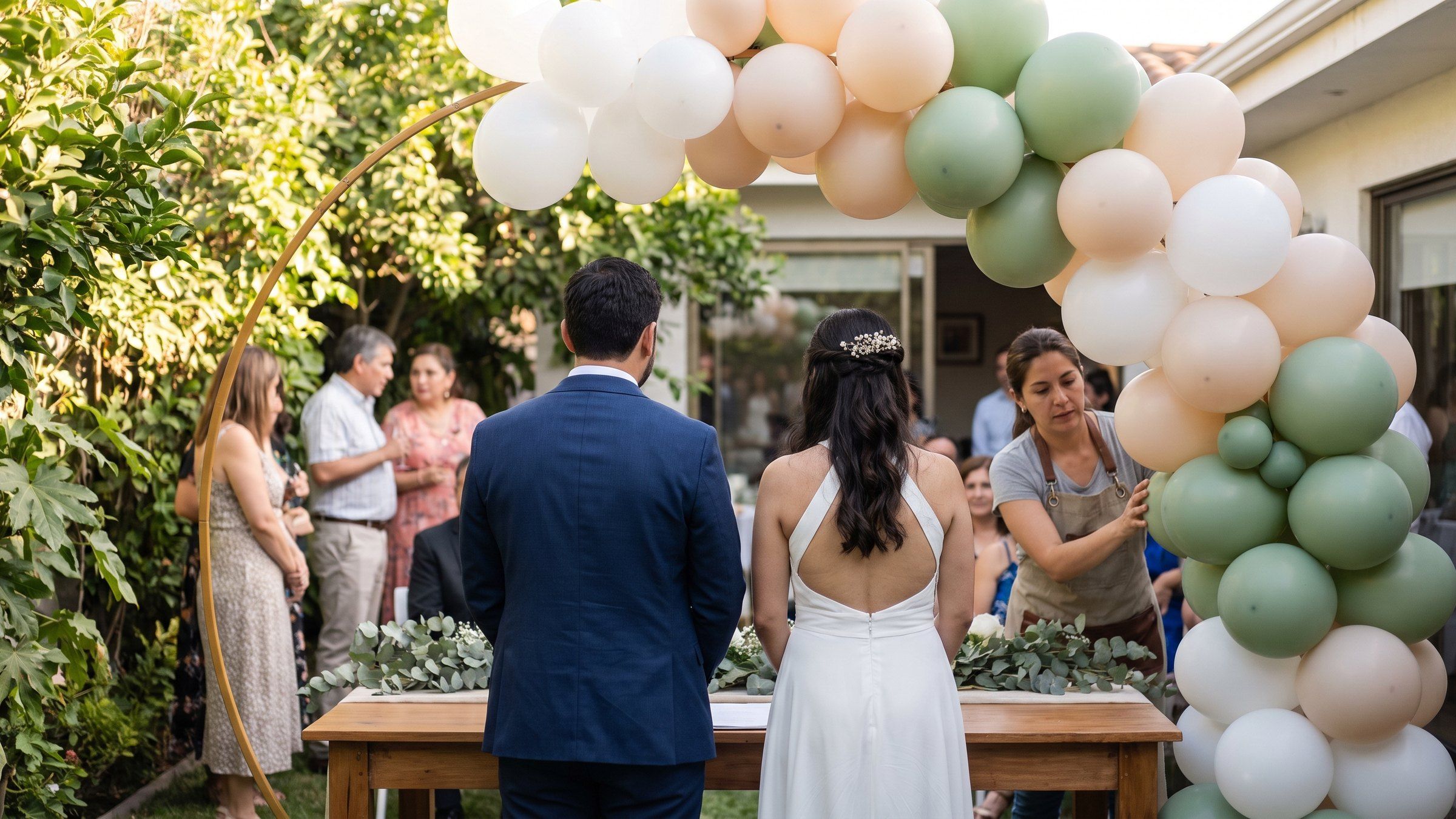 Aro con guirnalda de globos blanco, nude y verde salvia con eucalipto detrás de la mesa de firmas de una boda civil en el patio de una casa