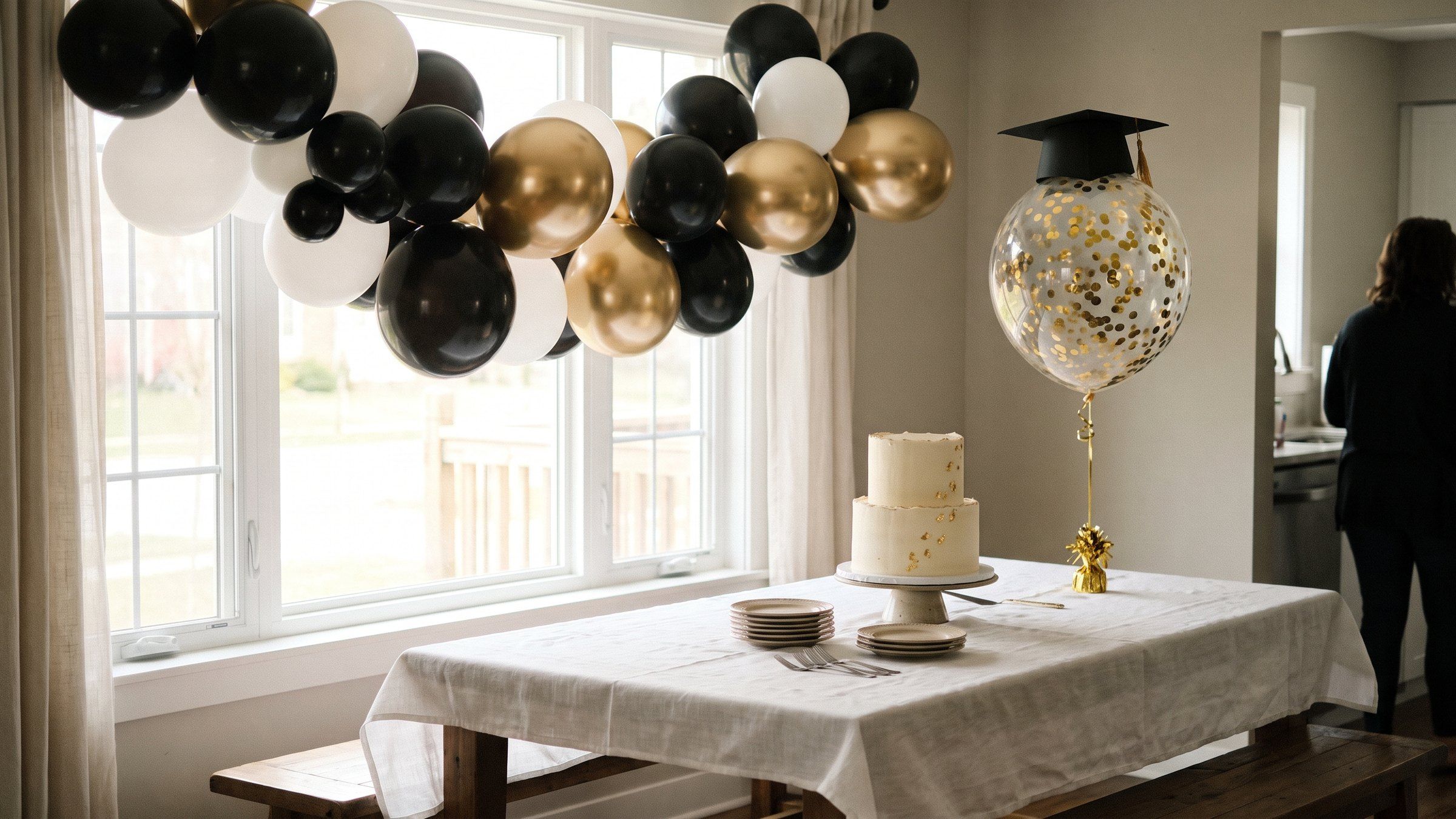 Mesa de postres de graduación con guirnalda de globos negro, blanco y dorado, un pastel de dos pisos y un globo burbuja con confeti dorado y birrete