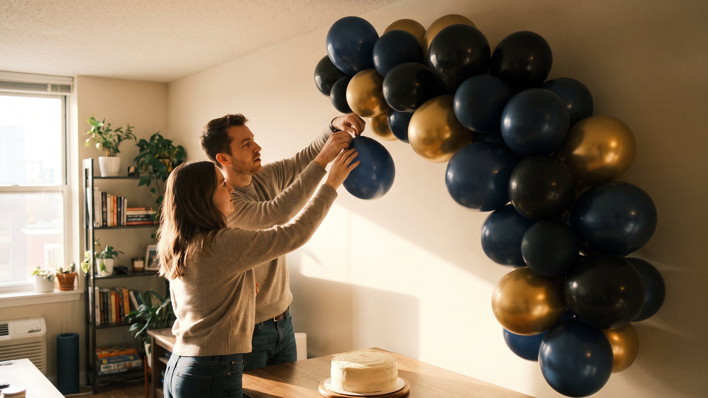 Pared de globos azul marino, negro mate y dorado detrás de una mesa con un pastel sencillo para el cumpleaños de un hombre adulto