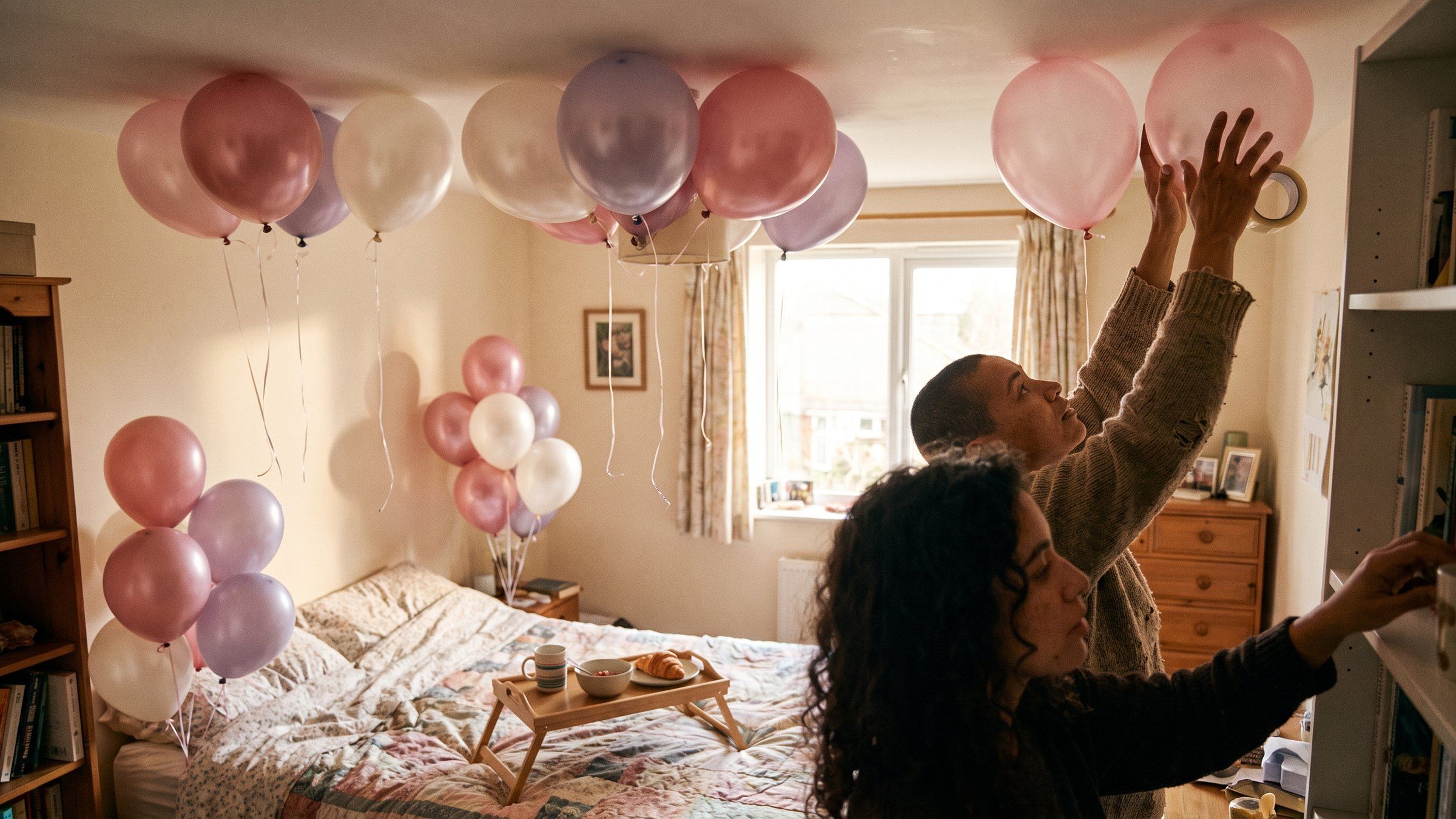 Habitación con luz de mañana, globos rosa empolvado, blanco perla y lila en el techo y un arreglo de globos junto a la cama