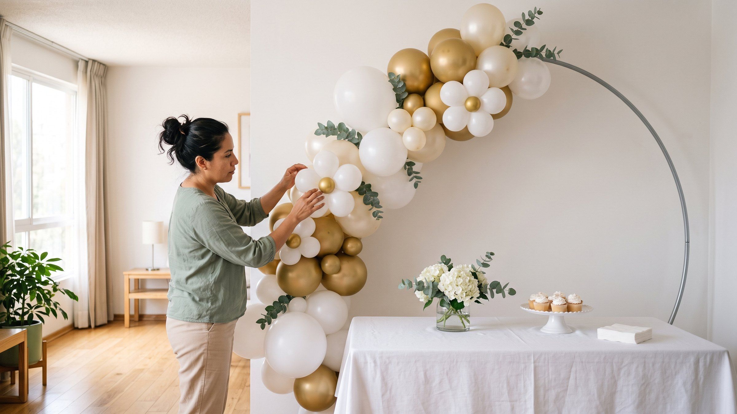 Mujer acomoda una flor de globo en una guirnalda blanca y dorada sobre un aro para primera comunión, junto a una mesa con mantel blanco