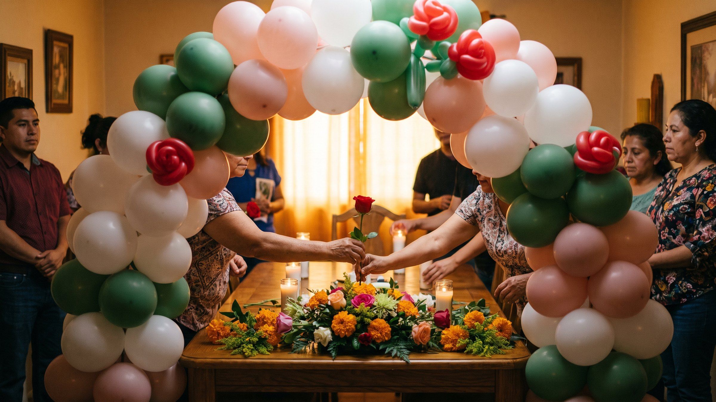 Altar casero con velas y flores enmarcado por una guirnalda de globos blanco, rosa y verde con rosas rojas de globo