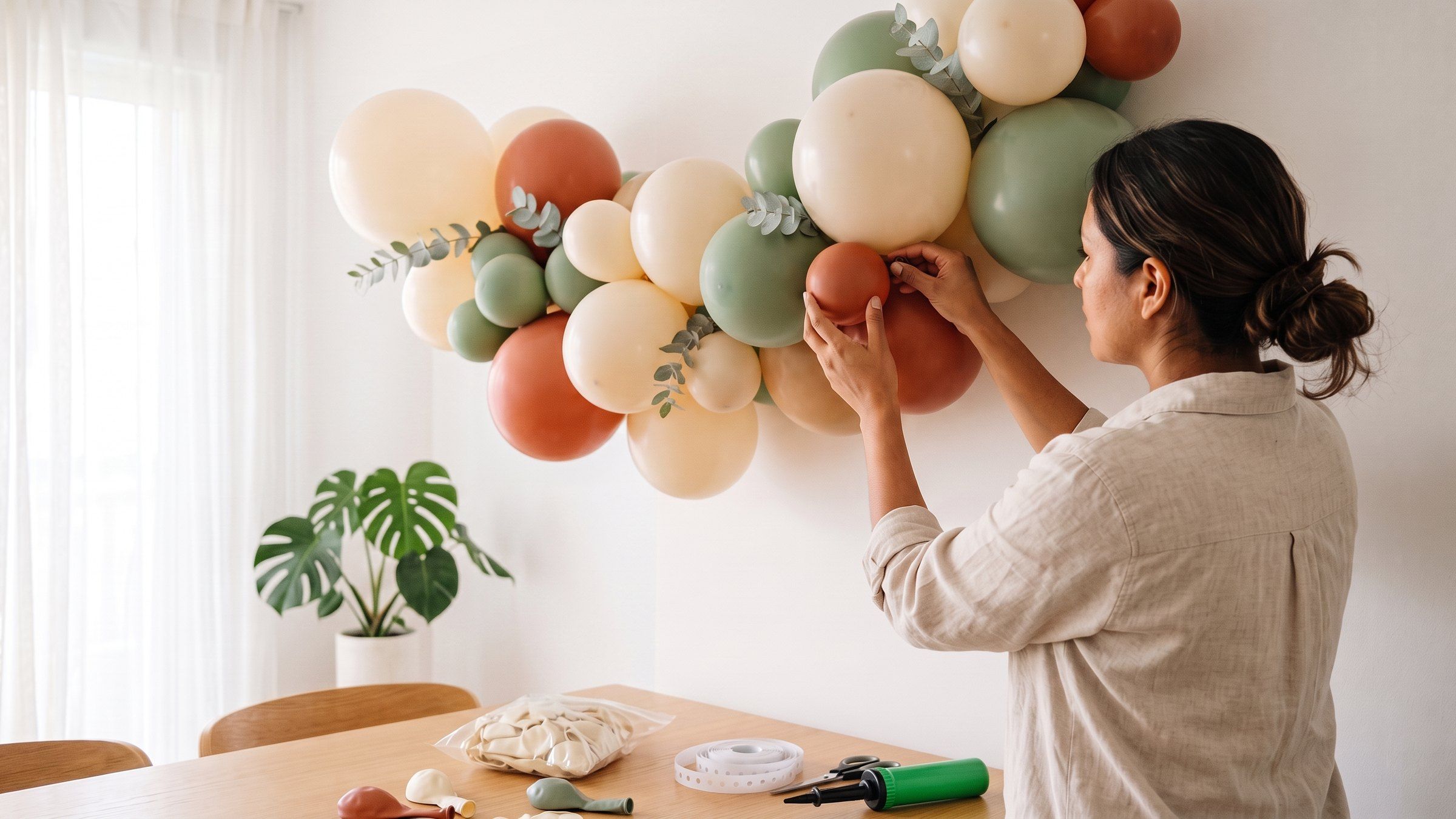 Decoradora inserta un globo terracota en una guirnalda orgánica crema y verde salvia en la pared; en la mesa, inflador y cinta para arco