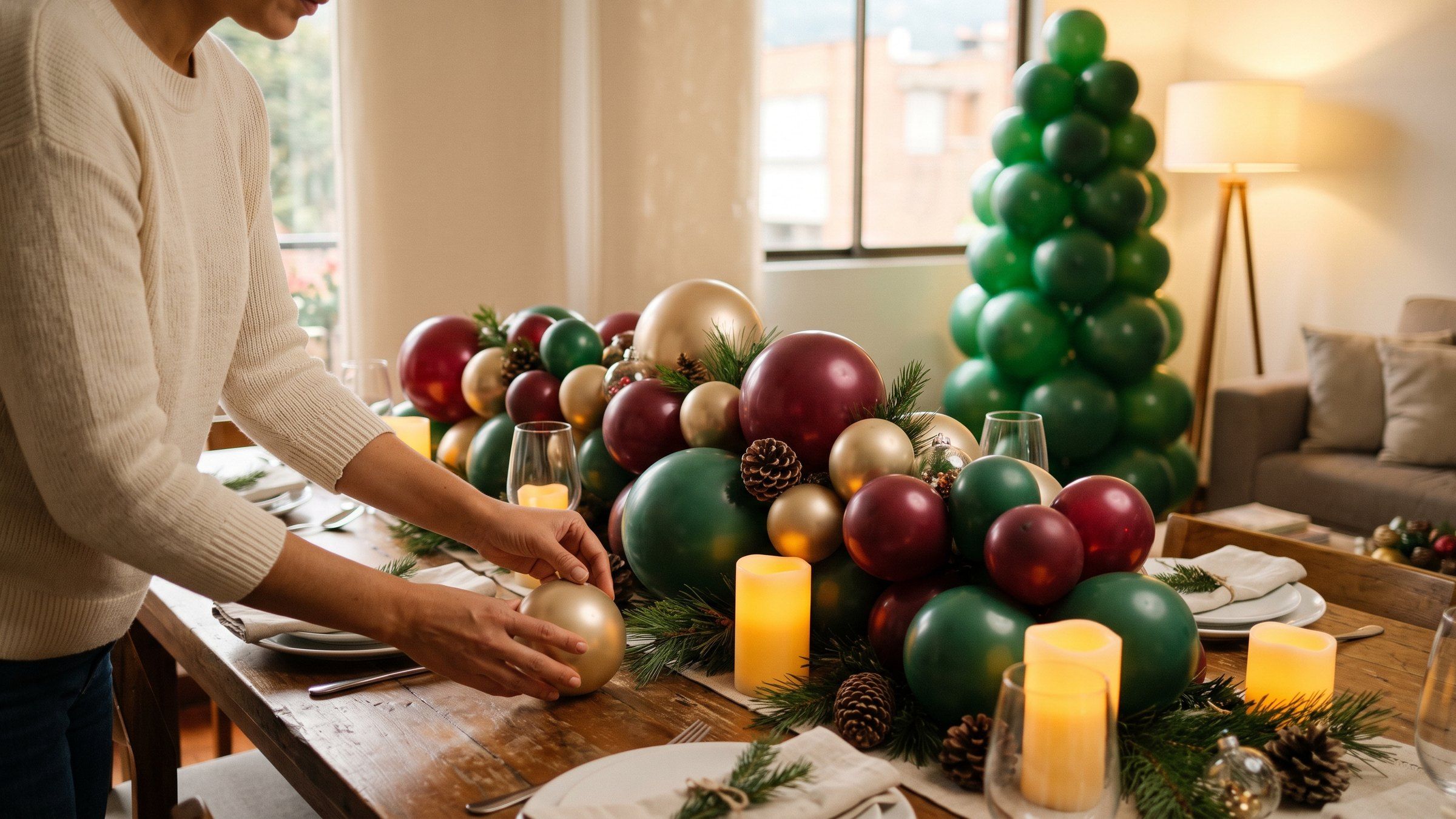 Manos colocan un globo dorado en una mesa navideña con centro de globos vino, verdes y dorados, velas LED y pino; al fondo, árbol de globos