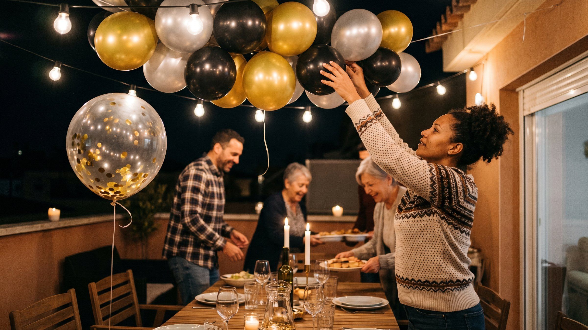 Terraza de noche con una guirnalda de globos dorados, negros y plateados sobre la mesa de la cena de fin de año y un globo burbuja transparente con confeti dorado