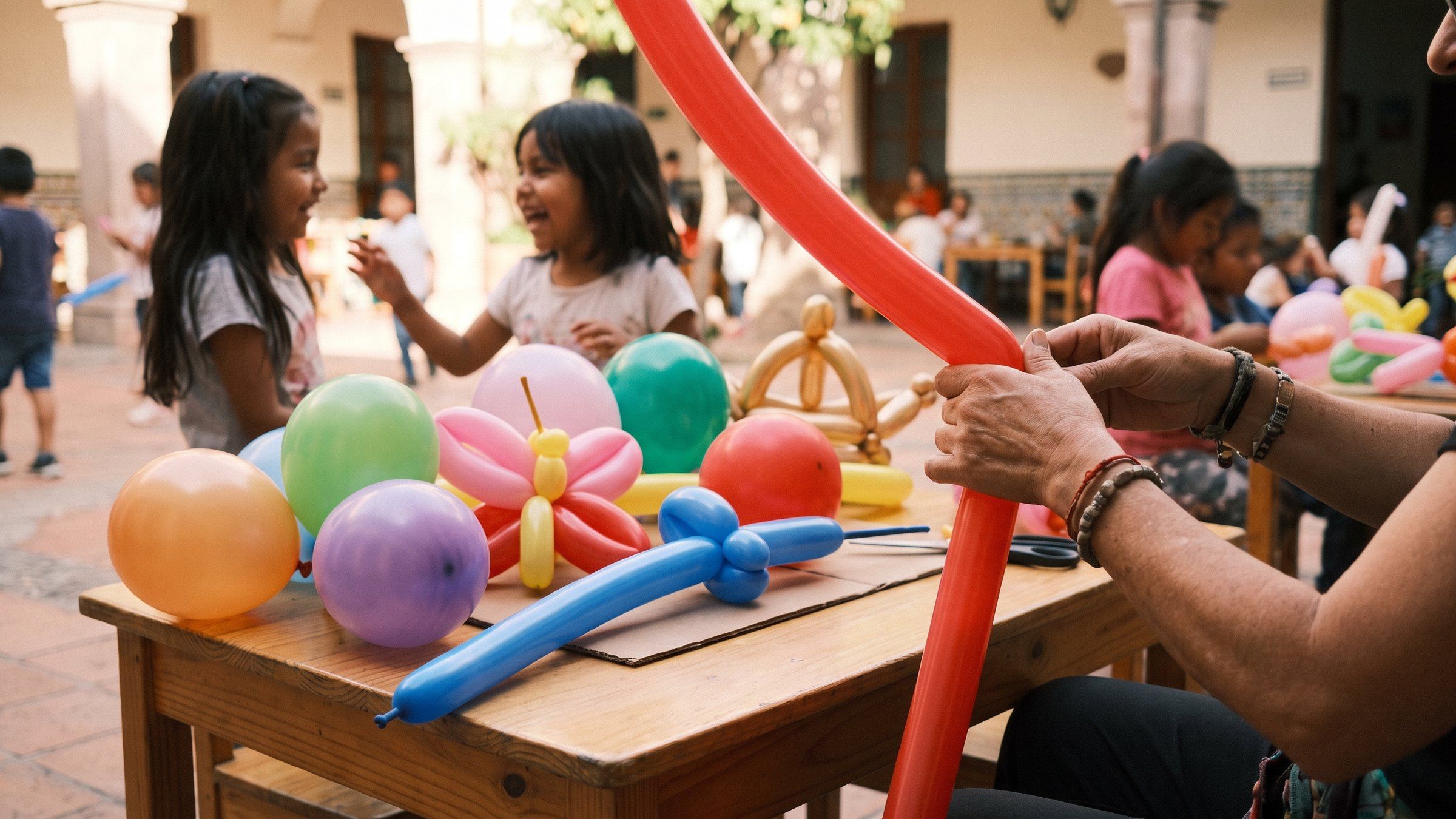 Manos que tuercen un globo largo rojo junto a figuras con globos terminadas: una espada, una mariposa y una corona sobre una mesa
