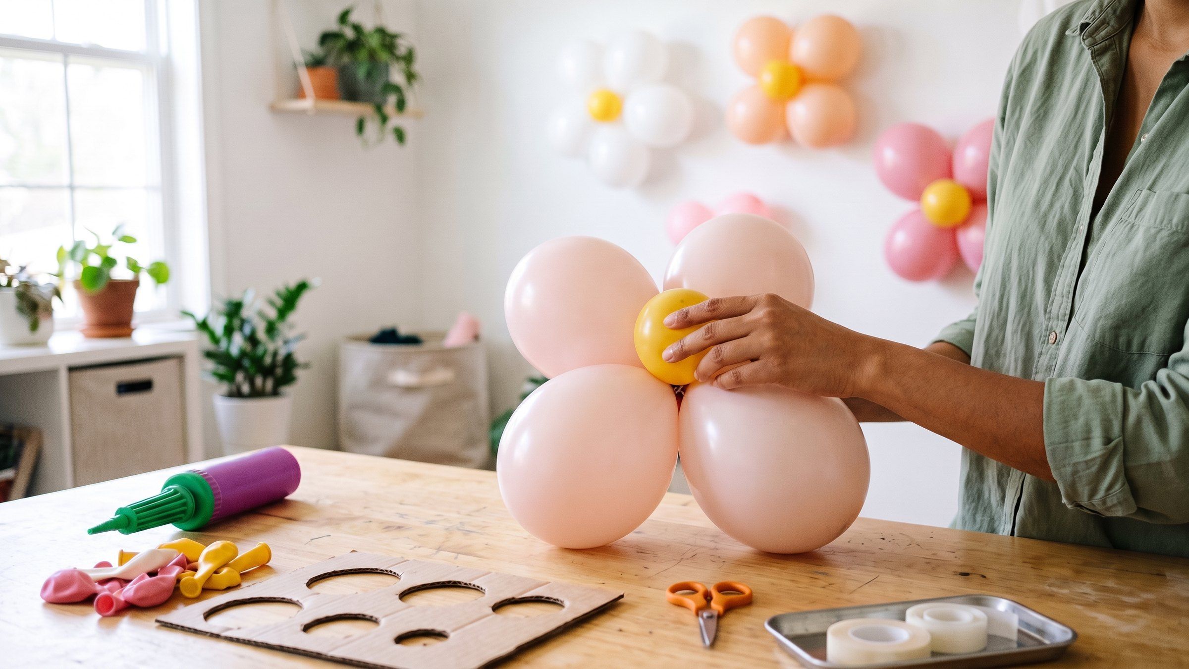 Una decoradora pone el centro amarillo a una flor de cuatro pétalos con globos rosa pálido; al fondo, flores de globos en la pared