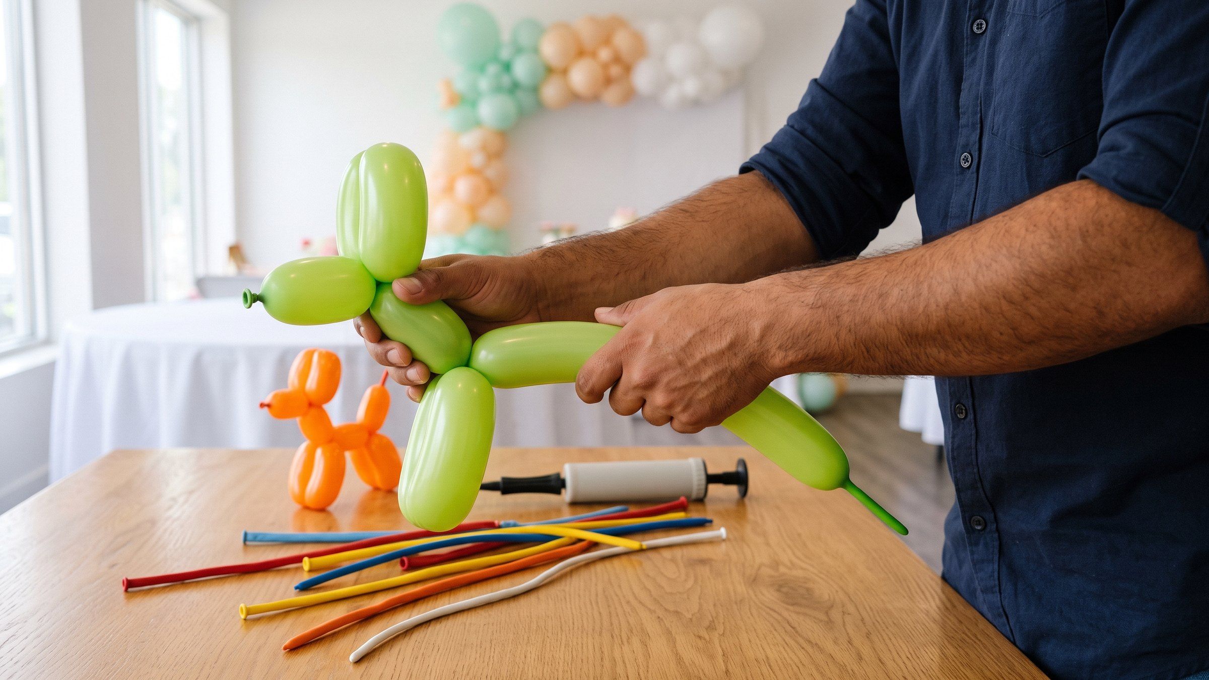 Manos que arman un perrito de globoflexia con un globo largo verde, junto a globos 260 sin inflar y un inflador manual