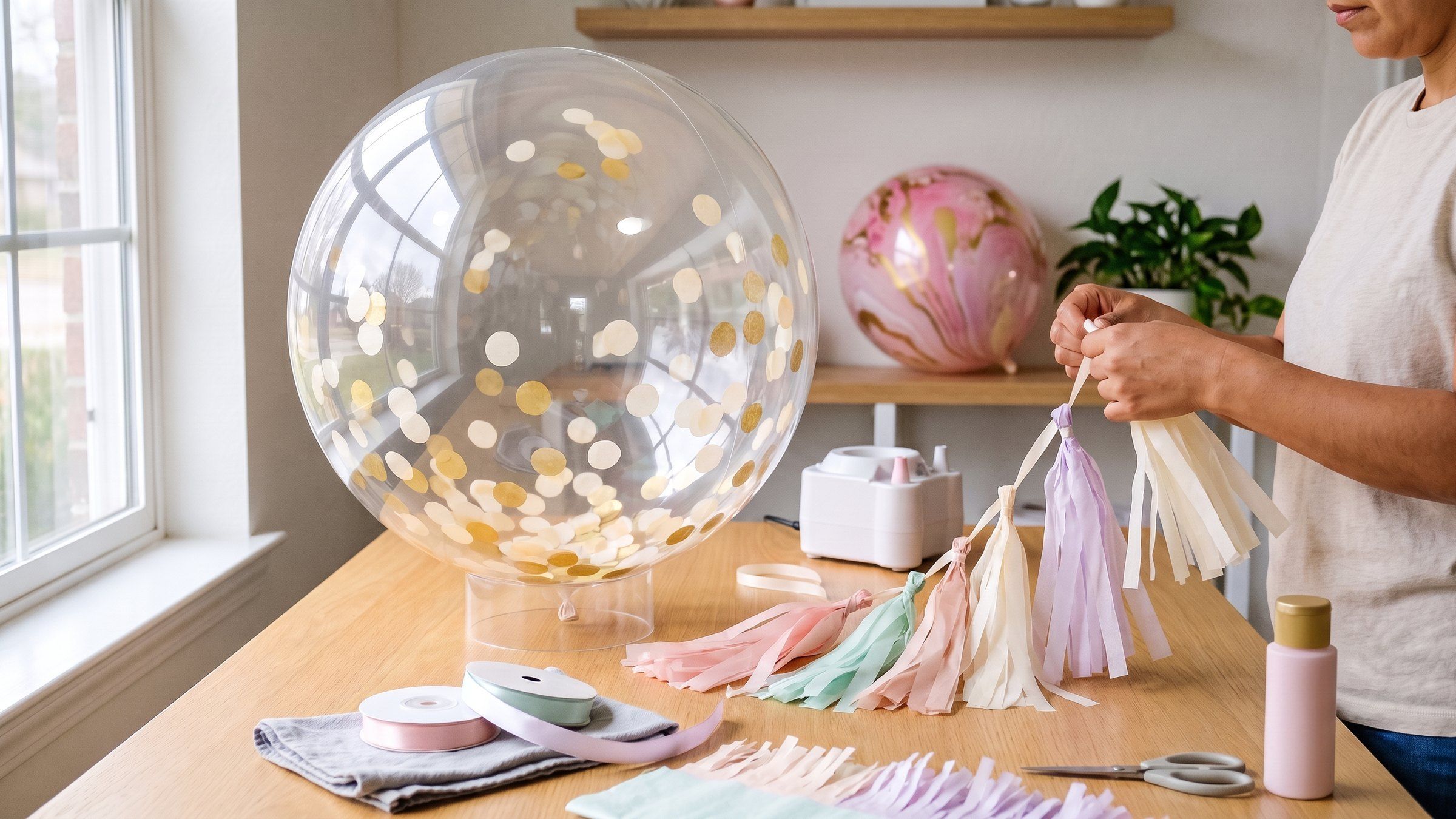 Manos arman la cola de tassels pastel junto a un globo burbuja con confeti dorado; al fondo, una burbuja con efecto mármol