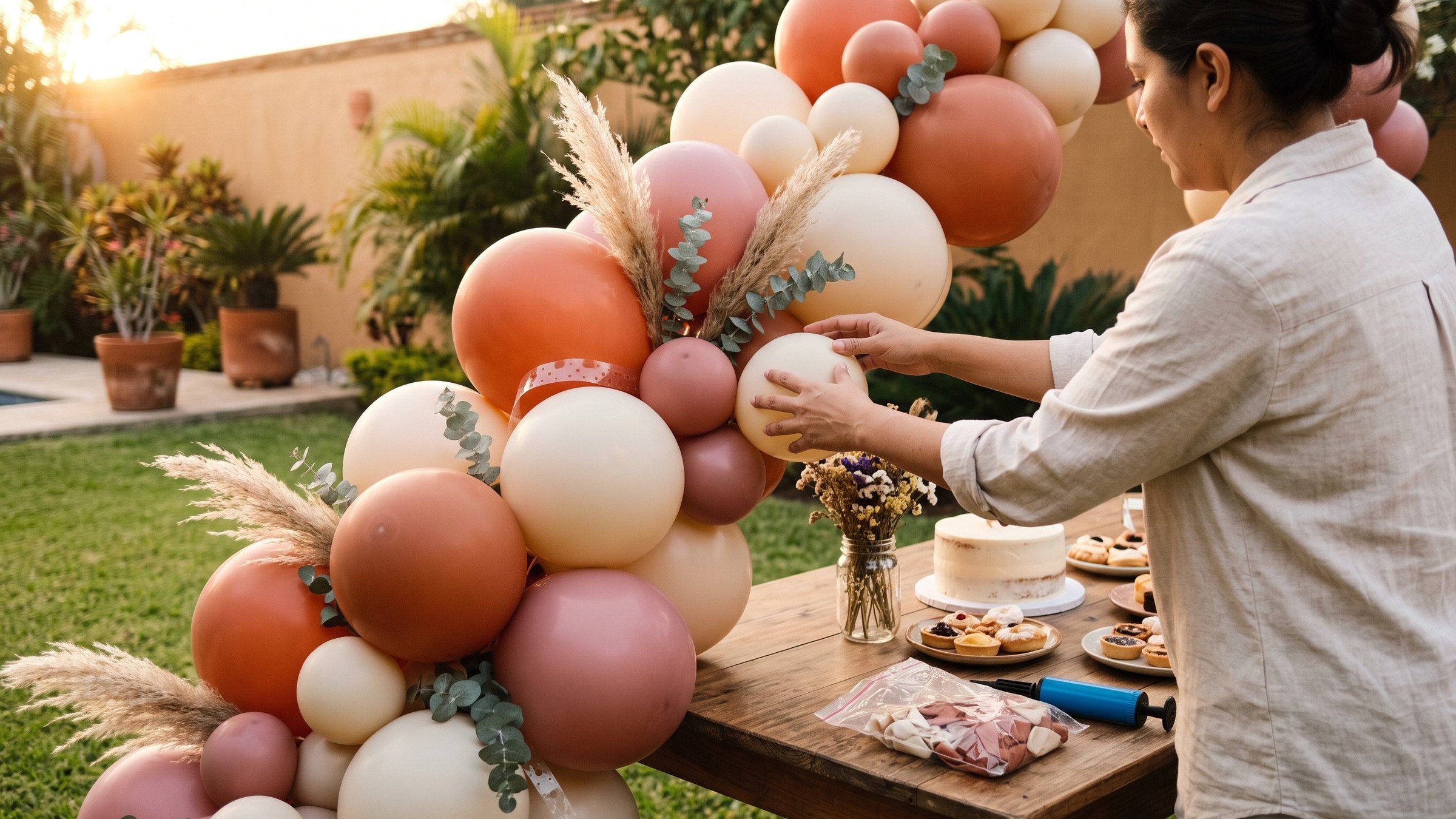 Mujer acomoda un globo crema en una guirnalda de globos terracota, crema y rosa empolvado junto a una mesa de postres en un jardín