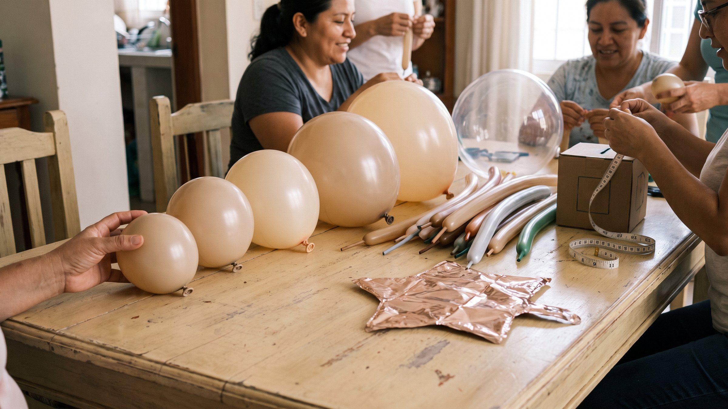 Globos de látex de cinco tamaños alineados de menor a mayor junto a un calibrador de cartón y una cinta métrica sobre una mesa de madera