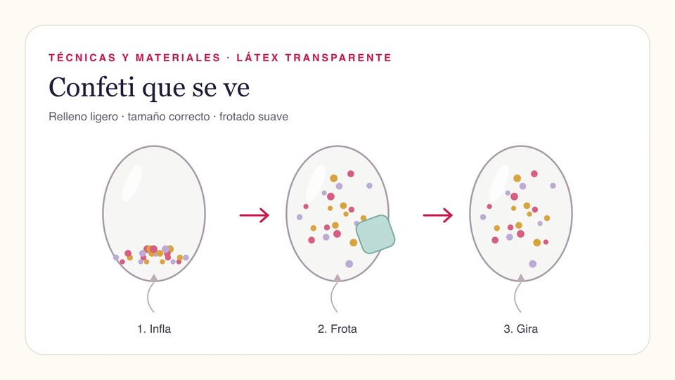 Esquema de tres globos transparentes con confeti que muestra la secuencia de inflar, frotar suavemente y girar.