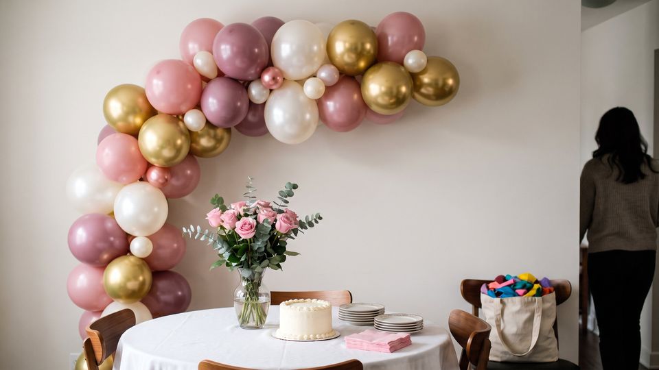 Guirnalda de globos rosa empolvado, malva, blanco perla y dorado cromado en la pared, sobre una mesa con pastel blanco, rosas y servilletas rosadas