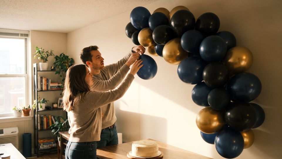 Pared de globos azul marino, negro mate y dorado detrás de una mesa con un pastel sencillo para el cumpleaños de un hombre adulto