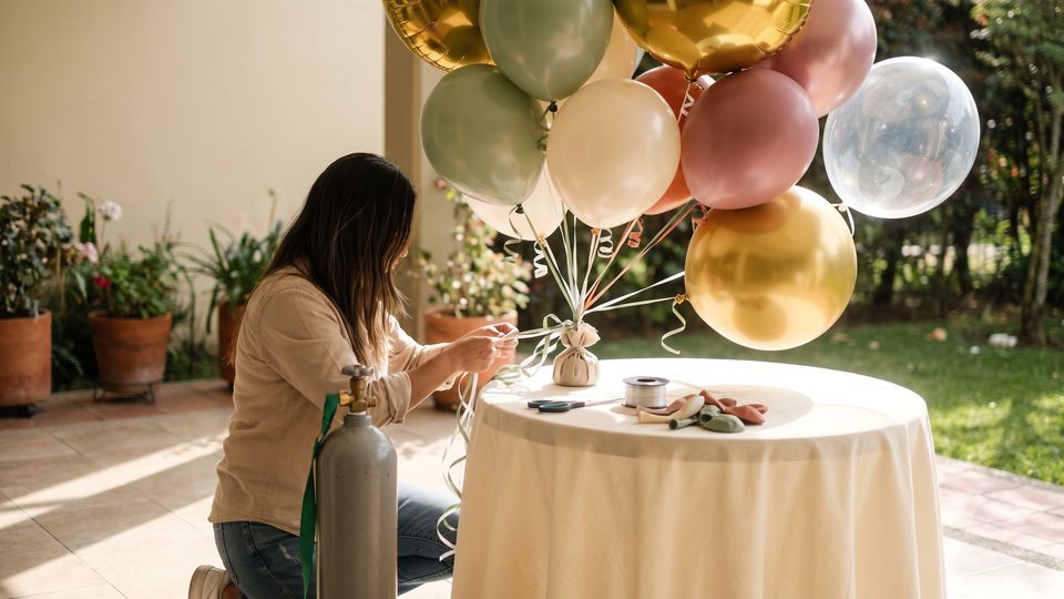 Globos de látex y metalizados con helio flotan sobre una mesa en un patio mientras una mujer ata las cintas a la pesa, junto a un tanque