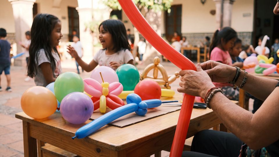 Manos que tuercen un globo largo rojo junto a figuras con globos terminadas: una espada, una mariposa y una corona sobre una mesa