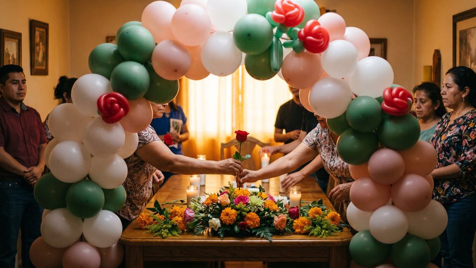 Altar casero con velas y flores enmarcado por una guirnalda de globos blanco, rosa y verde con rosas rojas de globo