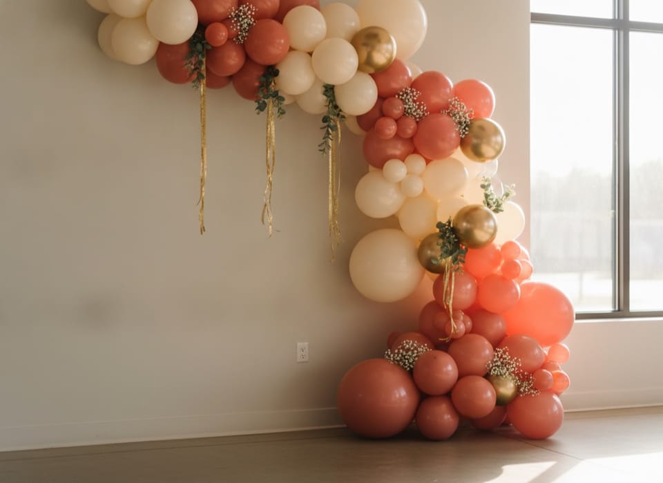 Guirnalda orgánica de globos en tonos coral, crema y dorado decorando un salón de eventos